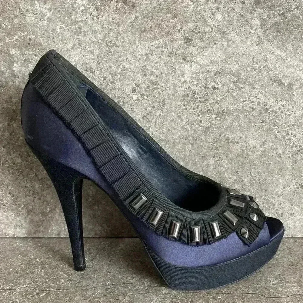 Tory Burch Peep Toe Metal Studs Black & Navy Blue Women’s Size 6.5